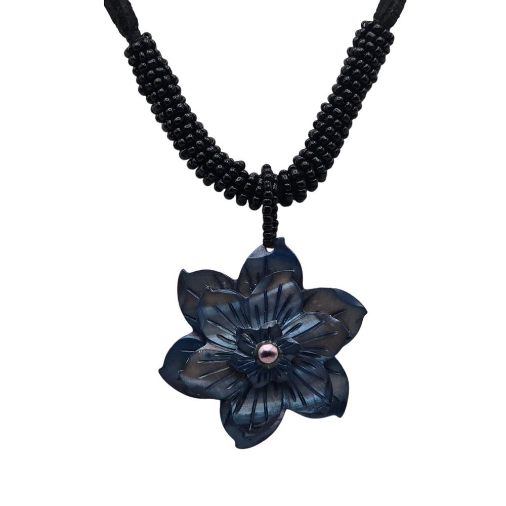 Blue Carved Shell Flower Pendant Necklace Black Beaded Cord Boho Coastal
